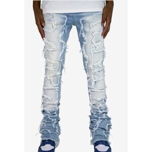 Focus Jeans Sz Uni 29 Blue Distressed Flare Ladder Super Stacked Punk Y2K Pants